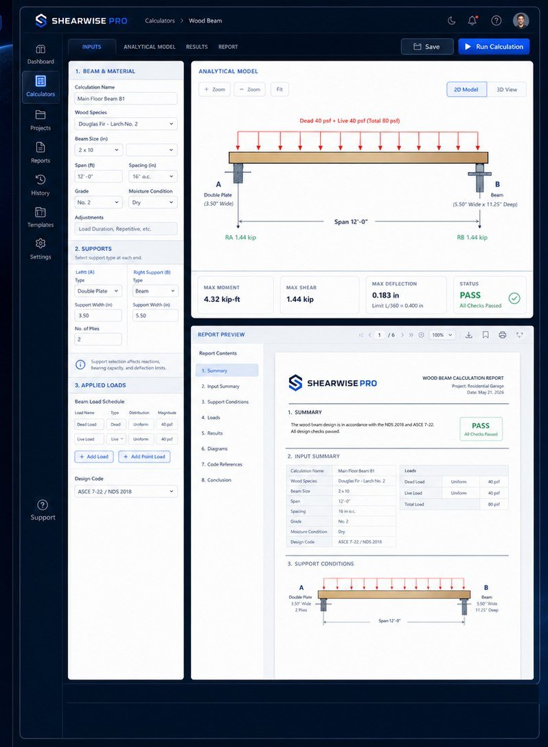 ShearWise Pro wood-beam calculation interface and professional report preview